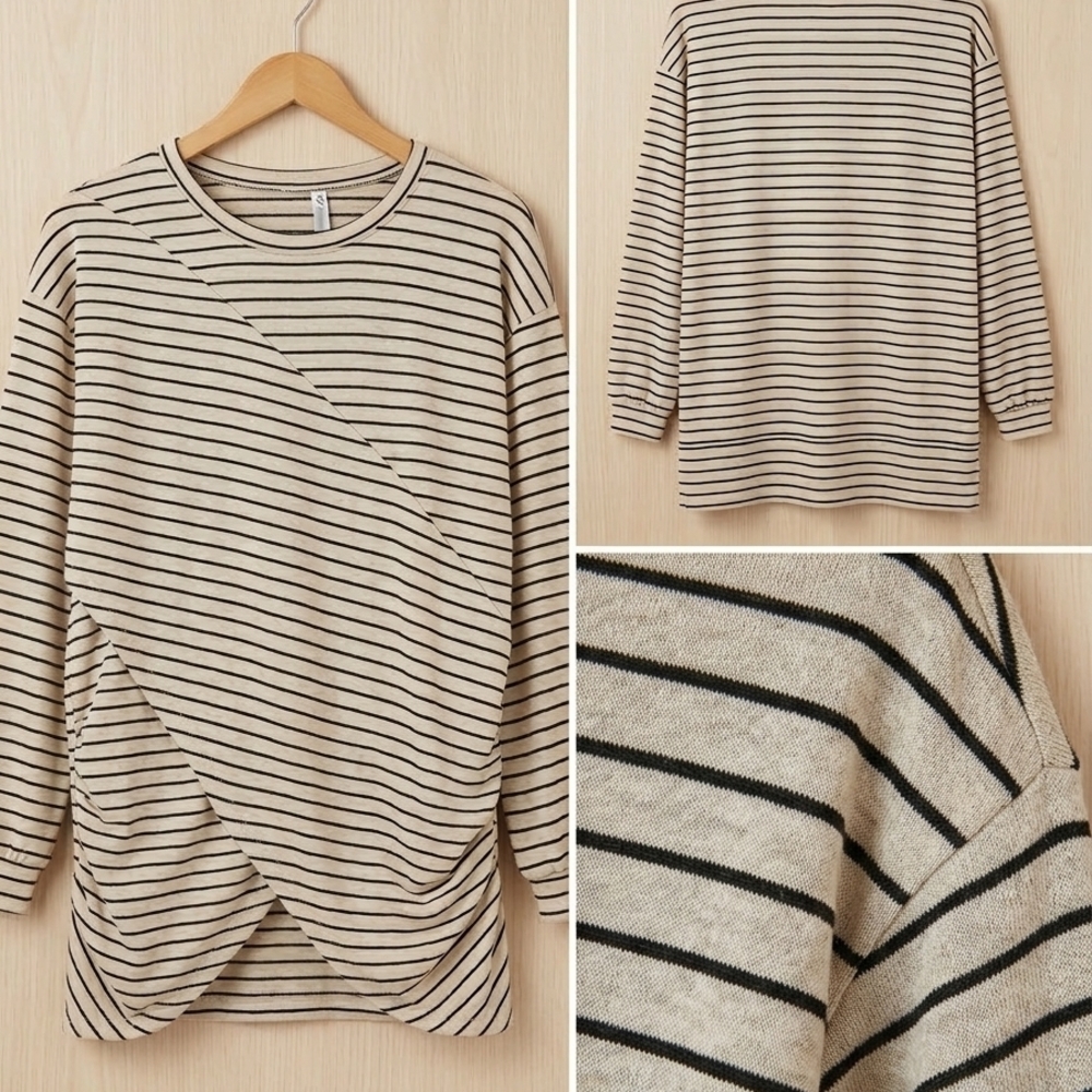 NY Collection Striped Long Sleeve Top - Cream and Black